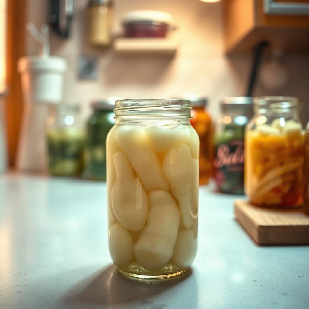 A dimly lit kitchen countertop, with a glass jar of bubbling fermented daikon radish in the foreground. In the middle ground, a pair of hands troubleshooting the fermentation process, adjusting the airlock and checking the contents. The background features blurred jars of other fermented vegetables, conveying a sense of an experienced home fermentation setup. The lighting is soft and warm, creating an atmospheric, investigative mood, as if the viewer is part of the troubleshooting process. The camera angle is slightly elevated, giving a birds-eye view of the scene, emphasizing the hands-on, problem-solving nature of the task.