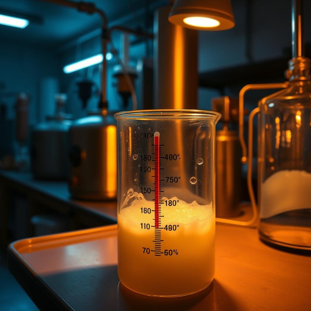 A dimly lit laboratory interior, with an array of fermentation vessels and scientific equipment visible in the background. In the foreground, a glass beaker containing a bubbly, fermenting liquid, illuminated by soft, warm lighting that casts gentle shadows. The temperature gauge on the vessel displays a range of values, highlighting the impact of ambient temperature on the fermentation process. The scene conveys a sense of scientific inquiry and the importance of monitoring environmental conditions during fermentation.