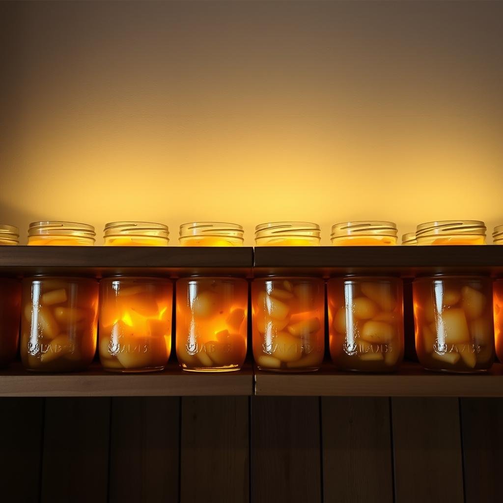 A dimly lit wooden shelf, lined with glass jars containing golden-hued fermented onions. The onions are submerged in a brine, casting a soft, amber glow. The jars are sealed tightly, with condensation gently forming on the glass. A subtle, earthy aroma permeates the scene. In the background, a neutral-toned wall provides a simple, uncluttered backdrop, allowing the fermented onions to take center stage. The lighting is soft and diffused, creating a warm, inviting atmosphere, conveying the patient process of fermentation. The overall composition suggests a sense of calm, patience, and the preservation of flavorful, probiotic-rich onions.