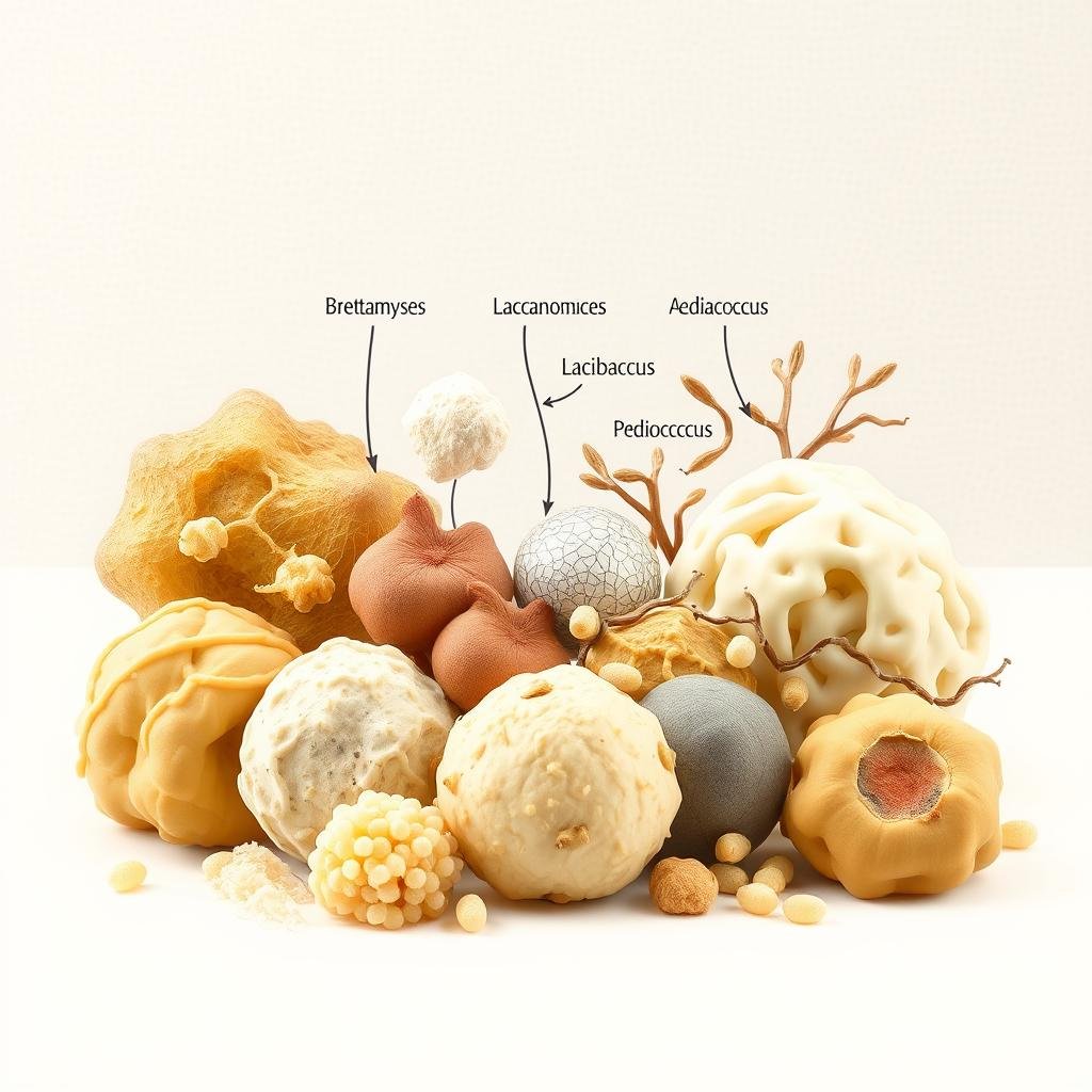 A diverse array of yeast cultures presented in a clean, informative illustration. In the foreground, various strains of Saccharomyces cerevisiae (ale, lager, and wine yeasts) are shown in detailed close-up, their distinct cellular structures and colors highlighted. In the middle ground, Brettanomyces, Lactobacillus, and Pediococcus - key players in wild fermentation - are depicted with scientific accuracy. The background features a subtle, textured laboratory setting, conveying the technical nature of the subject. Soft, directional lighting creates depth and emphasizes the intricate details of the microorganisms. The overall mood is one of scientific curiosity and appreciation for the diversity of yeasts and their pivotal role in fermentation.