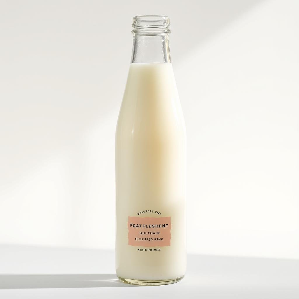 A glass bottle filled with a cool, creamy cultured dairy drink. The label features a muted, pastel-colored design with minimal branding. The drink has a smooth, silky texture and a slightly tangy flavor. Soft, natural lighting illuminates the bottle, highlighting its translucent quality and the swirling patterns within the liquid. The background is a clean, minimalist setting, allowing the product to take center stage. The overall impression is one of freshness, quality, and a healthful, natural indulgence.