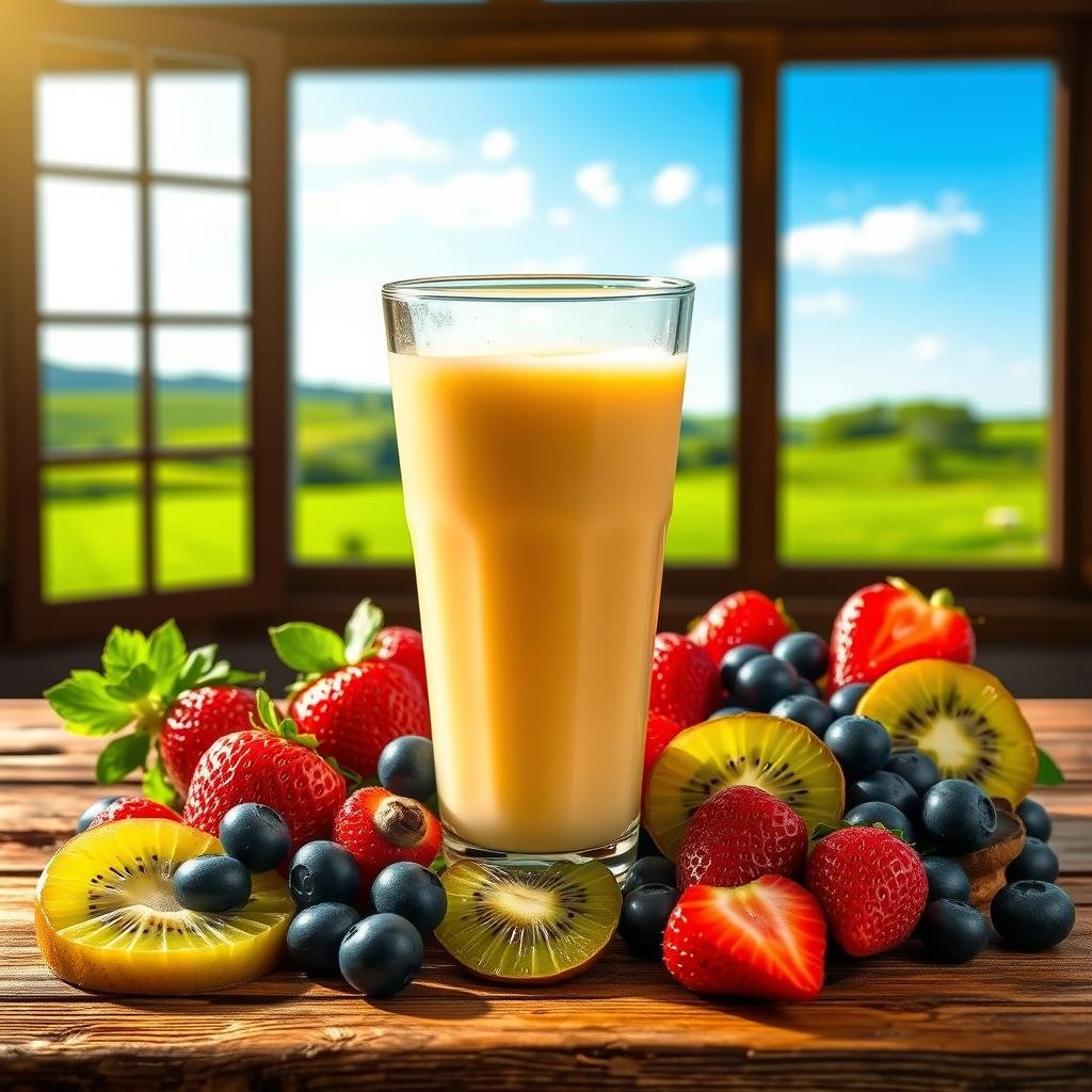 A glass filled with a creamy, golden-hued liquid, surrounded by a variety of vibrant, fresh fruits and berries, including strawberries, blueberries, and kiwi slices. The glass is positioned on a rustic wooden surface, with soft, warm lighting casting a gentle glow over the scene. In the background, a lush, green meadow with rolling hills and a clear, blue sky can be seen through a large window, creating a serene and inviting atmosphere. The overall composition evokes a sense of health, wellness, and the natural goodness of goat milk kefir.