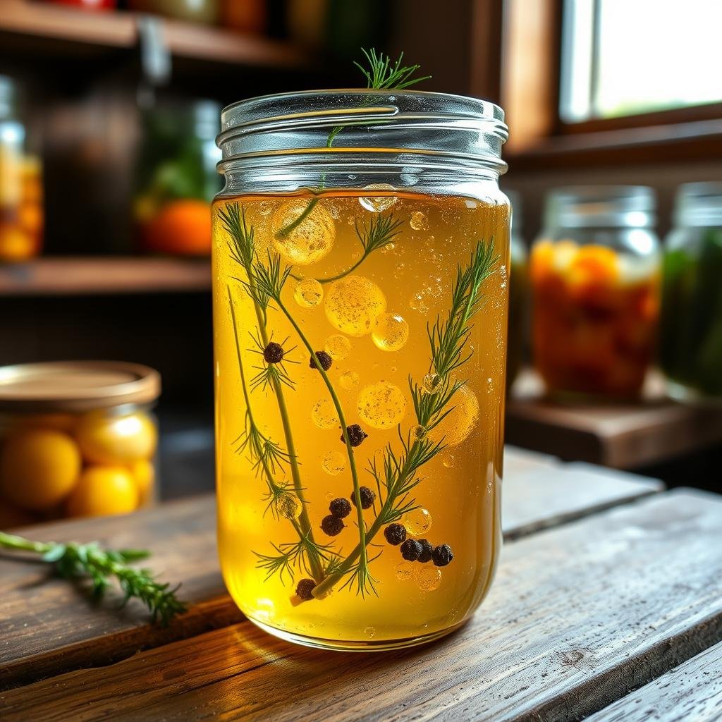A glass jar filled with a vibrant golden-amber liquid, a cascade of bubbles rising through it. Slender green stalks of fresh dill and a few whole black peppercorns float within, lending their aroma. The jar rests on a rustic wooden surface, the light filtering in from a nearby window casting a warm, natural glow. In the background, a few jars of various pickled vegetables line the shelves, hinting at the process of fermentation and preservation. The overall scene evokes a sense of homespun culinary craft, the timeless tradition of pickling.