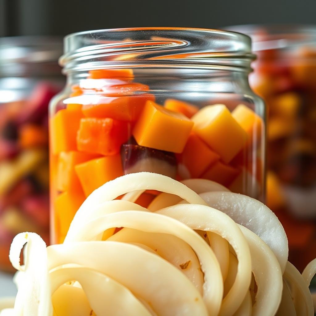 A glass jar filled with an assortment of vibrant, freshly fermented foods. In the foreground, crisp white kimchi radish slices are arranged in a spiral pattern, their surfaces glistening with a subtle sheen. In the middle ground, colorful cubes of pickled beets and carrot sticks add depth and texture. The background is blurred, highlighting the jar's contents and emphasizing the rich, earthy tones of the fermented ingredients. Soft, natural lighting illuminates the scene, casting gentle shadows and accentuating the vibrancy of the colors. The overall mood is one of health, vitality, and the natural goodness of fermented foods.