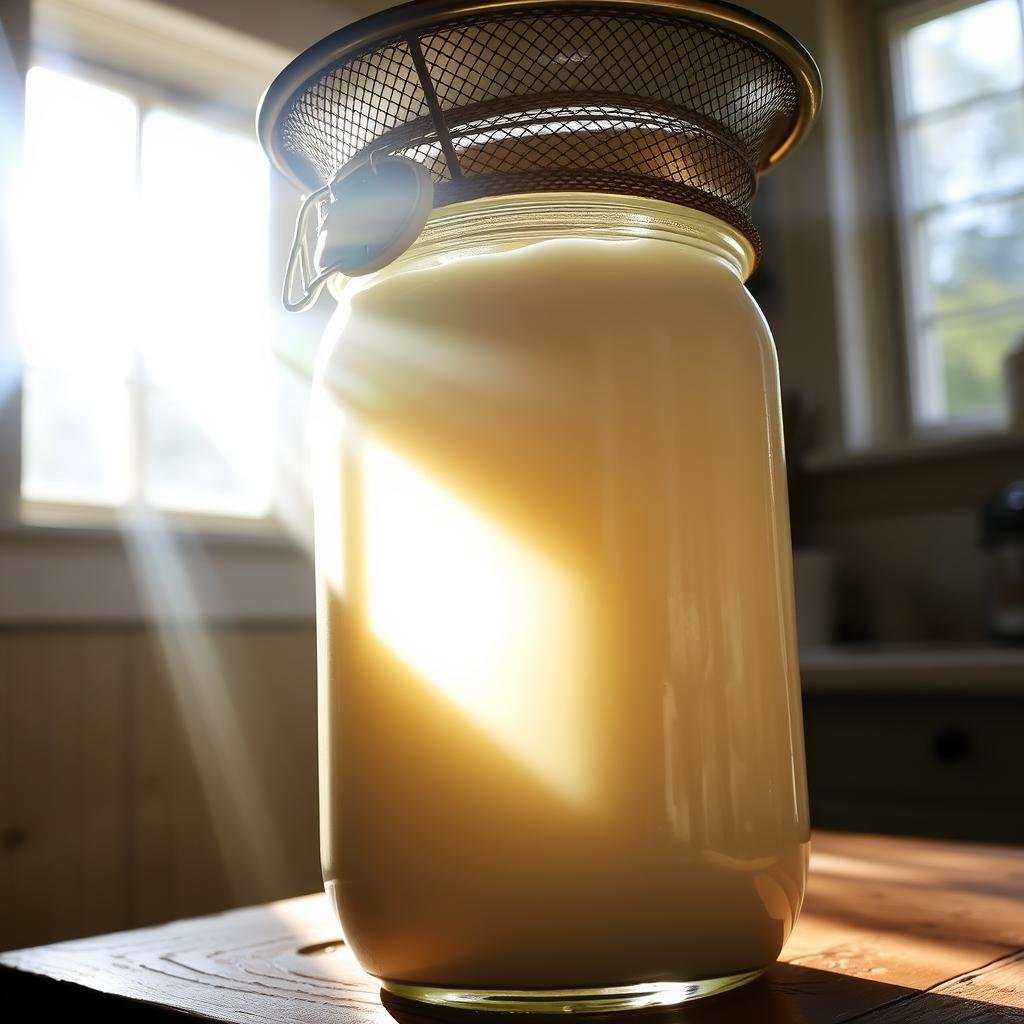 A glass jar filled with homemade goat milk kefir, the creamy fermented beverage teeming with live probiotic cultures. The jar's contents are partially obscured by a mesh strainer lid, casting soft shadows and highlights across the milky liquid. Sunlight streams in from a window, illuminating the jar's contents and creating a warm, natural glow. In the background, a wooden kitchen counter or table is visible, suggesting a homely, rustic setting befitting the handcrafted nature of the kefir. The overall scene conveys a sense of simplicity, health, and the care taken in preparing this nutritious, gut-friendly drink.