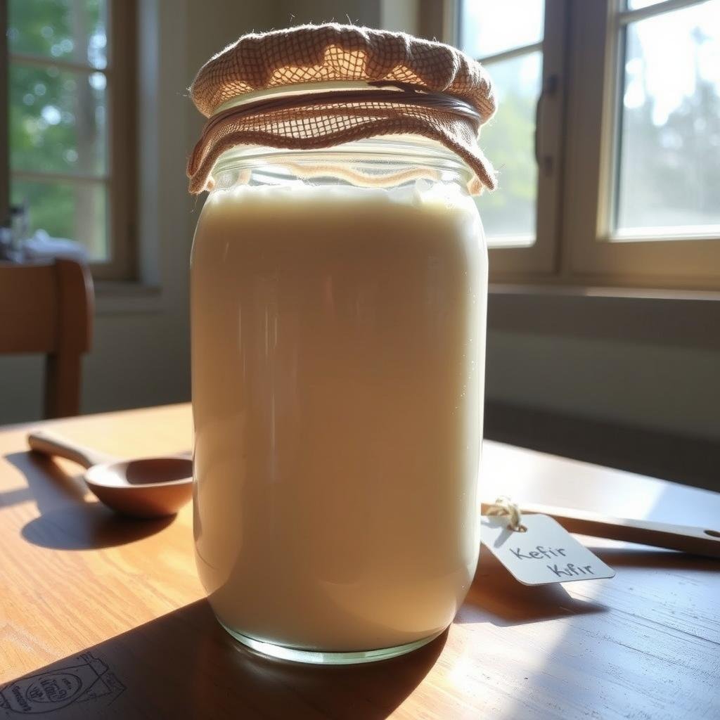 A glass jar filled with homemade kefir, resting on a wooden table. The creamy, slightly effervescent liquid is visible through the clear glass, topped with a breathable fabric or mesh lid. Sunlight filters in from a nearby window, casting a warm glow on the scene. Nearby, a wooden spoon and a small label or tag indicating the kefir's contents and date. The overall atmosphere conveys a sense of calm, homemade nourishment and the quiet process of fermentation.