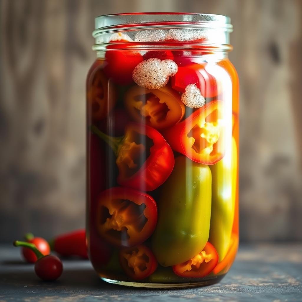 A glass jar filled with vibrant, lacto-fermented chili peppers, their fiery hues glowing under soft, natural lighting. Sliced peppers reveal their interior textures, while clusters of bubbles rise to the surface, signifying the active fermentation process. The jar's label features a minimalist design, drawing attention to the simplicity of this traditional food preservation method. The overall scene has a rustic, earthy tone, evoking the artisanal nature of homemade fermented foods. The composition is balanced, with the jar positioned at a slight angle to create visual interest. This image visually captures the essence of the "The Fermentation Process of Chili Peppers" section.