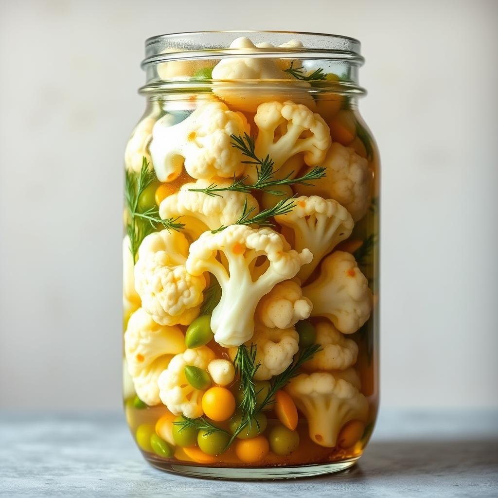 A glass jar filled with vibrant pickled cauliflower florets, their creamy white hues accented by specks of vivid green peppercorns and mustard seeds. The florets are partially submerged in a brine of apple cider vinegar, blended with aromatic garlic cloves and sprigs of fresh dill. Soft, natural lighting illuminates the contents, casting a warm, rustic glow. The jar is set against a simple, neutral background, allowing the fermented vegetables to take center stage. The overall composition conveys a sense of culinary craft and wholesome, nourishing goodness.