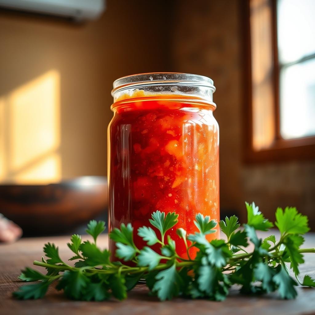 A glass jar filled with vibrant red salsa, its contents gently bubbling with the signs of active fermentation. The jar is set against a warm, earthy backdrop, perhaps a wooden table or a rustic kitchen counter. Soft, natural lighting from a nearby window casts a soothing glow, highlighting the translucent texture of the salsa and the delicate balance of ingredients. In the foreground, a few fresh herbs, such as cilantro or oregano, are artfully arranged, adding a touch of freshness and complementing the fermented flavors. The overall scene conveys a sense of health, safety, and the care taken in crafting this nourishing condiment.