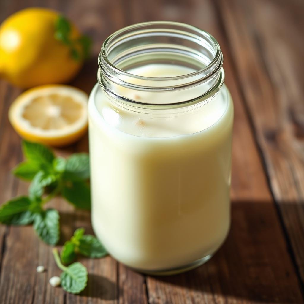 A glass mason jar filled with a creamy, pale yellow goat milk kefir beverage, with a few kefir grains floating in the liquid. The jar is set on a rustic wooden surface, with a sprig of fresh mint leaves and a slice of lemon nearby, creating a natural, homemade aesthetic. Soft, diffused lighting from the side casts gentle shadows, emphasizing the texture and consistency of the kefir. The overall scene conveys a sense of simplicity, health, and the homemade nature of this probiotic-rich drink.