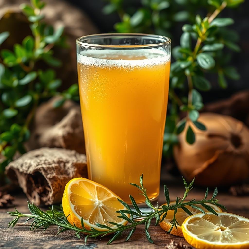 A glass of bubbly, golden-hued kvass with a frothy head, set against a backdrop of verdant plants and earthy textures. The liquid reflects a warm, natural lighting, casting a soothing glow. In the foreground, vibrant slices of lemon and sprigs of fresh herbs accentuate the refreshing qualities of the traditional fermented beverage. The composition emphasizes the probiotic-rich, gut-nourishing properties of kvass, conveying a sense of health and vitality. The overall scene evokes a rustic, wholesome ambiance, inviting the viewer to experience the restorative benefits of this ancient Slavic elixir.
