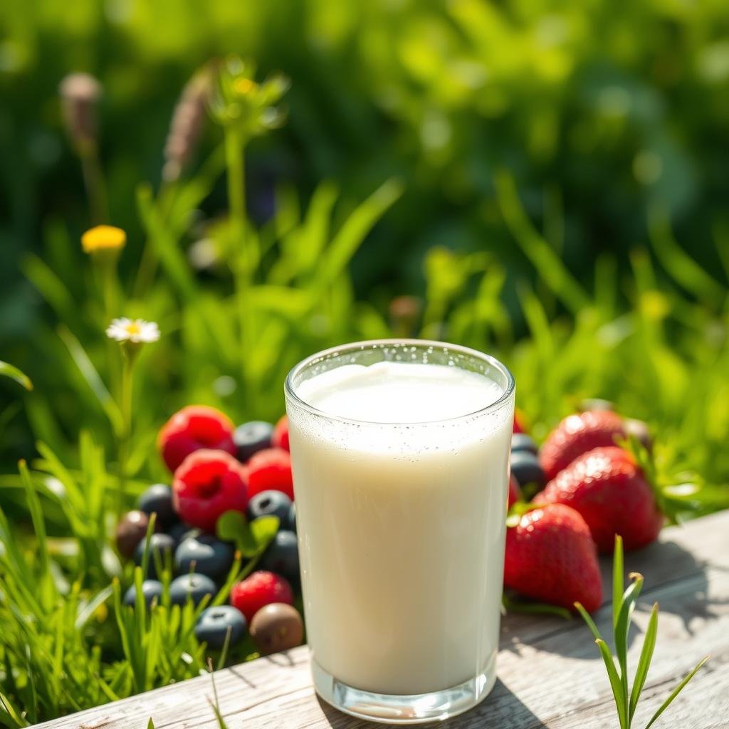 A glass of refreshing kefir prominently in the foreground, its effervescent bubbles and creamy texture enticing the viewer. In the middle ground, a variety of vibrant fruits and berries - blueberries, raspberries, and strawberries - representing the natural sweetness and nutritional benefits of this probiotic-rich drink. The background features a serene, sun-dappled meadow, with lush, verdant grass and a few wildflowers adding to the sense of natural harmony. The lighting is soft and natural, casting a warm, inviting glow over the scene. The overall composition and mood evoke the digestive health benefits and wholesome, artisanal nature of this probiotic powerhouse.