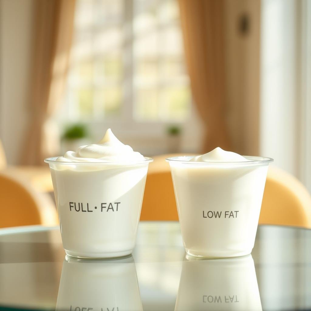 A glass table showcasing two distinct yogurt cups - one with a rich, creamy full-fat yogurt and the other with a lighter, low-fat yogurt. The yogurts are set against a bright, airy backdrop with natural sunlight streaming in, creating a warm, inviting atmosphere. The focal point is the two yogurt cups, emphasizing their contrasting textures and shades of white. The image aims to illustrate the differences between full-fat and low-fat yogurt, highlighting their potential impact on heart health. Crisp, high-resolution photography with a shallow depth of field to draw the viewer's attention to the yogurt samples.
