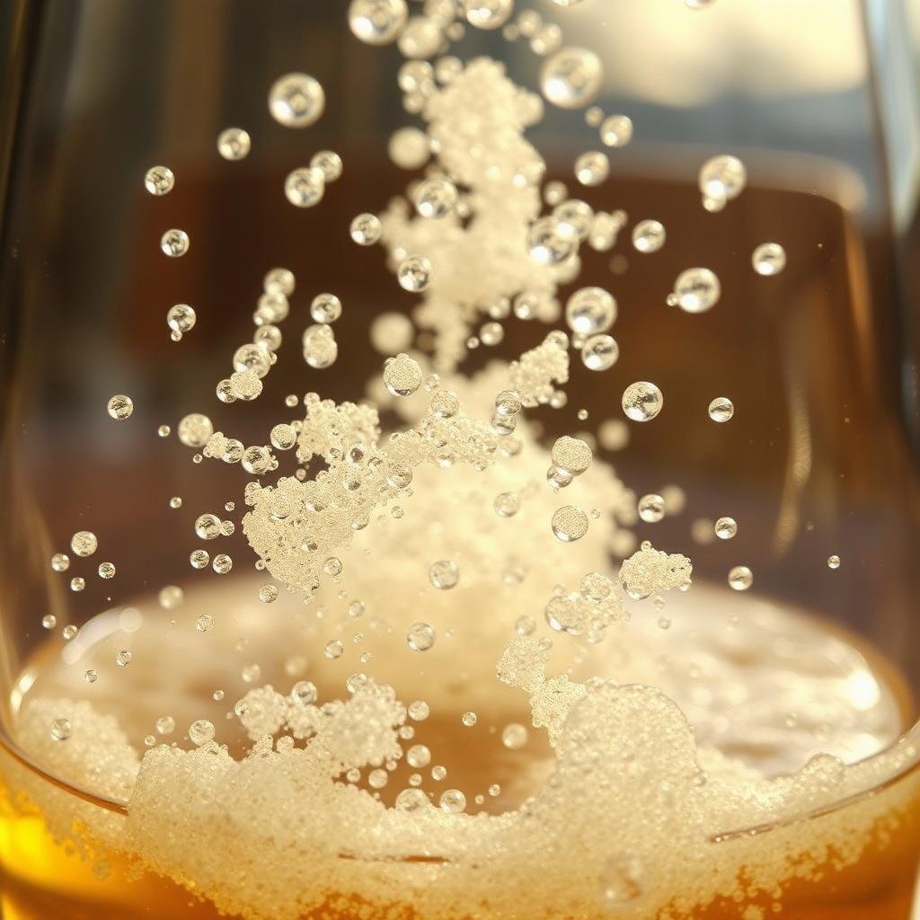 A glass vessel filled with a bubbly, effervescent liquid, showcasing the active process of carbon dioxide release during fermentation. The foreground features a closeup view of the liquid's surface, with streams of tiny bubbles continuously rising and bursting, creating a lively, almost mesmerizing display. The middle ground reveals the glass container's curved walls, allowing a glimpse of the overall fermentation environment. The background is softly blurred, maintaining the focus on the dynamic bubble formation. The lighting is warm and natural, casting a golden glow that enhances the visual appeal of the fermentation process. The overall atmosphere conveys a sense of scientific intrigue and the wonder of observing a fundamental biological transformation.