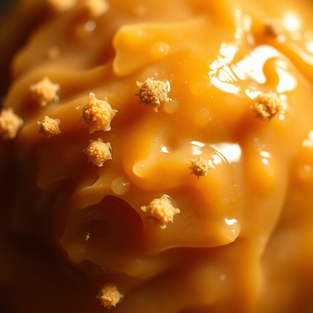 A high-resolution close-up photograph of beneficial bacteria in miso, the traditional Japanese fermented soybean paste. The image shows a viscous, miso-colored paste with visible clusters of lactobacillus bacteria and koji mold spores. The paste is illuminated from the side, casting soft shadows and highlighting the intricate texture. The focus is sharp, with a shallow depth of field to emphasize the microorganisms. The overall mood is scientific, yet natural and appetizing, inviting the viewer to explore the hidden world of gut-healthy microbes within this fermented food.