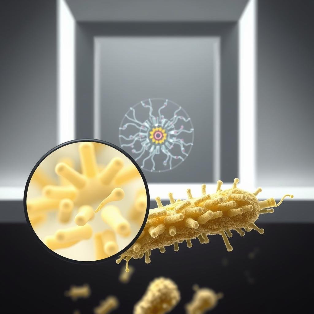 A highly detailed scientific illustration showcasing the beneficial probiotic Bifidobacterium lactis BB-12. In the foreground, a magnified view of the bacteria, its distinctive rod-shaped cells rendered with precision. The middle ground depicts the intricate cellular structure, with annotated organelles and metabolic pathways. In the background, a serene, clinical setting with muted colors, highlighting the scientific nature of the subject. Bright, directional lighting casts shadows that accentuate the three-dimensional form of the bacteria. The overall tone is one of educational clarity, inviting the viewer to explore the essential role of this probiotic in gut health.