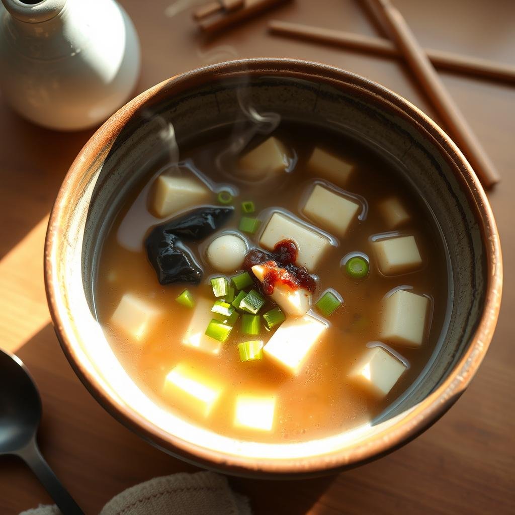 A homemade miso soup in a rustic ceramic bowl, filled with steaming broth, soft cubes of tofu, sliced scallions, and earthy, umami-rich miso paste. The lighting is soft and natural, casting a warm glow over the scene. The bowl is placed on a wooden table, surrounded by simple, minimalist Japanese-inspired decor, such as a small ceramic vase and a pair of chopsticks. The overall mood is cozy, comforting, and inviting, perfectly capturing the essence of a nourishing, homemade miso soup.