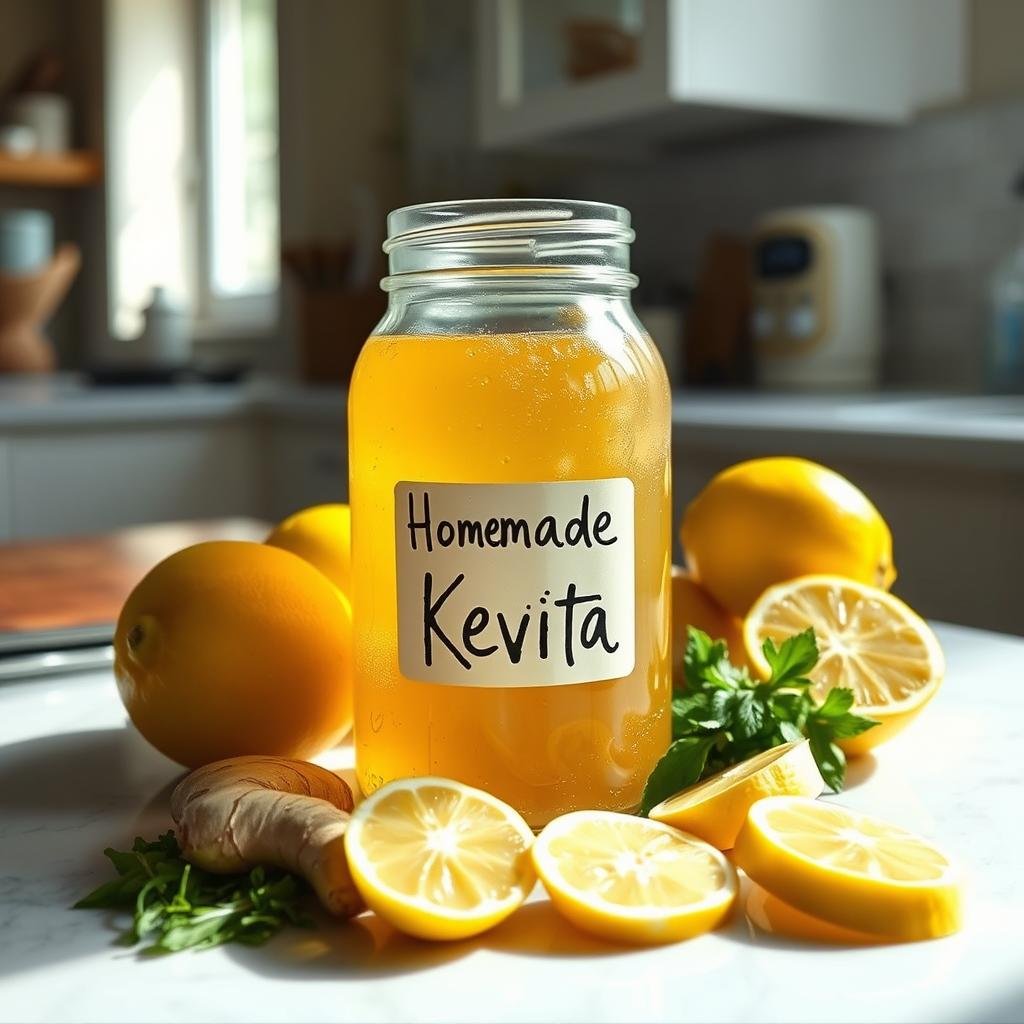 A kitchen counter with a glass jar filled with a fizzy, golden-hued liquid, surrounded by freshly cut lemons, ginger slices, and a handful of herbs. The jar's label reads &quot;Homemade Kevita&quot; in a simple, hand-lettered style. The light filtering in through the kitchen window casts a warm, natural glow, highlighting the vibrant colors and textures of the ingredients. The overall scene conveys a sense of homemade craftsmanship and the simple pleasures of DIY fermentation.