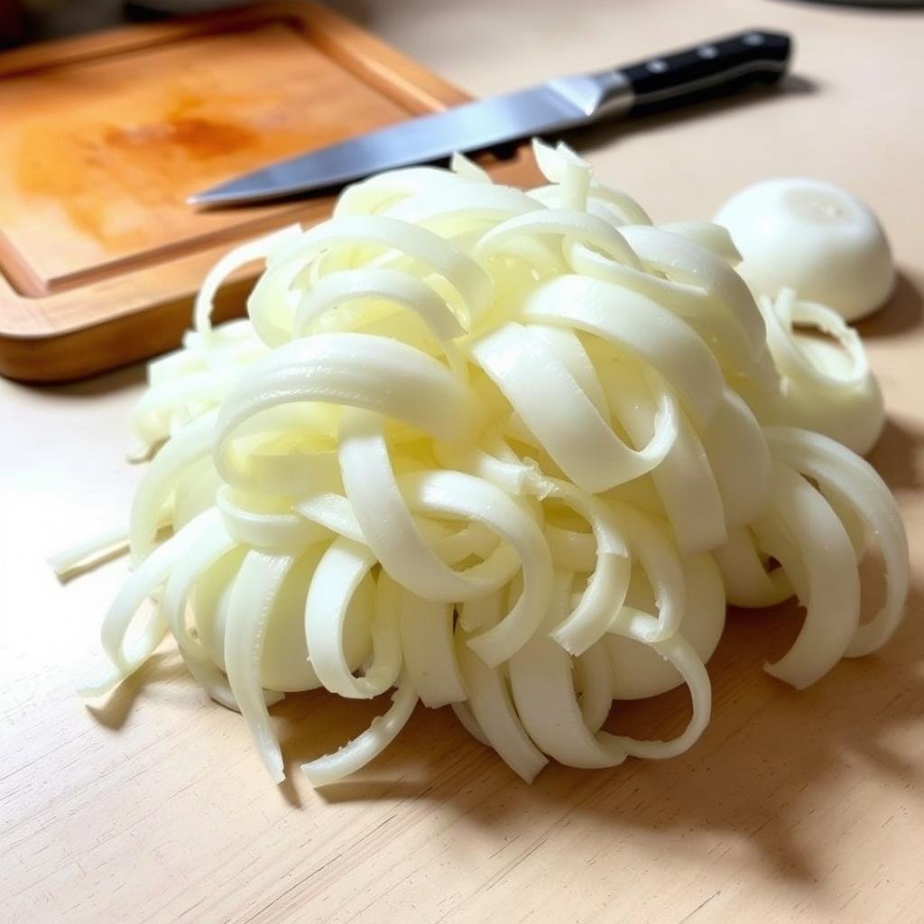 A kitchen counter with a wooden cutting board, a sharp knife, and a pile of freshly cleaned onions. The onions are being carefully peeled, revealing their glistening white layers. Bright, even lighting illuminates the scene, casting subtle shadows and highlights that accentuate the texture and shape of the onions. The background is slightly blurred, keeping the focus on the delicate process of cleaning the onions. The overall mood is one of calm, mindful preparation, reflecting the care and attention required for this essential step in the fermentation process.