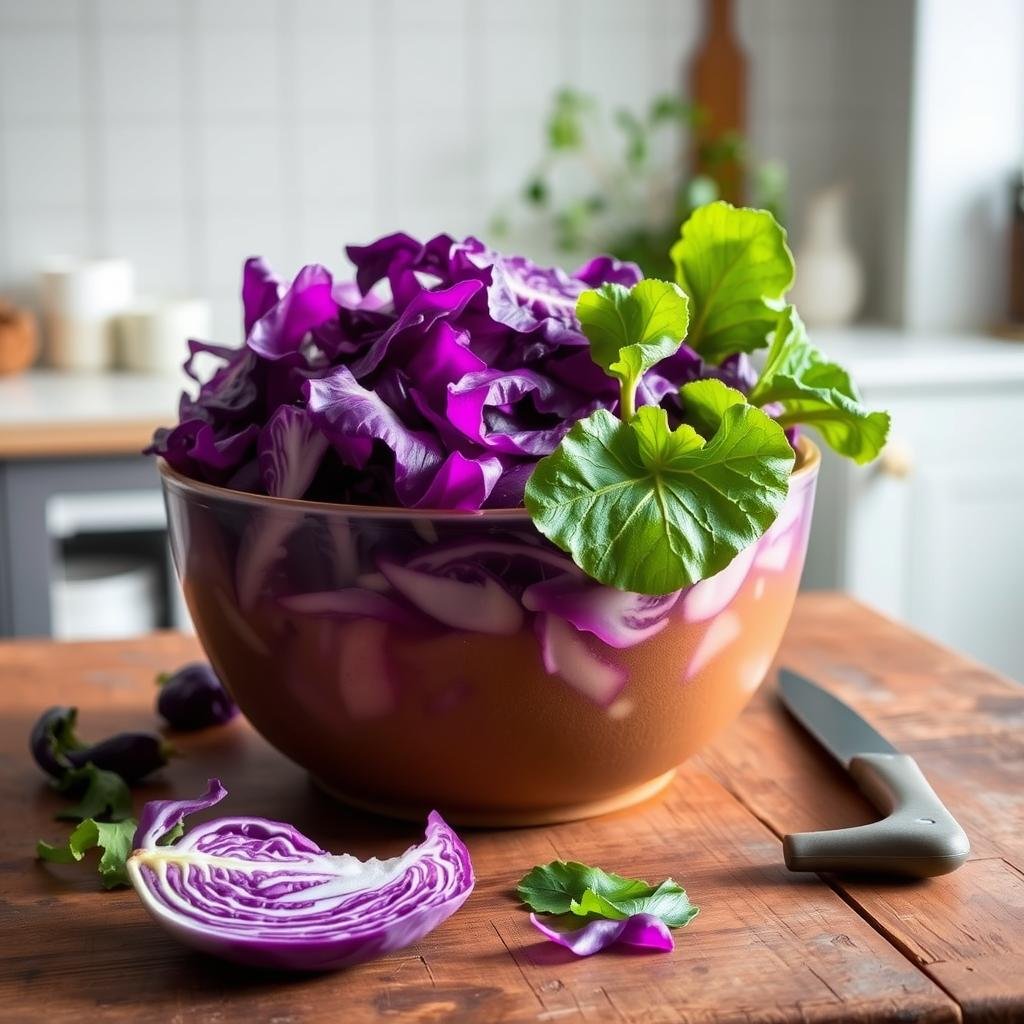 A large ceramic bowl filled with freshly fermented cabbage, the vibrant purple leaves glistening with brine. The bowl is placed on a rustic wooden table, with a few scattered cabbage leaves and a knife nearby, hinting at the process of slicing and preparing the cabbage. Soft, natural lighting illuminates the scene, casting a warm, inviting glow. In the background, a simple, minimalist kitchen setting with clean, white walls and a touch of greenery, emphasizing the homemade and homely nature of the fermentation process. The overall mood is one of simplicity, nourishment, and the satisfaction of creating a delicious, probiotic-rich food.