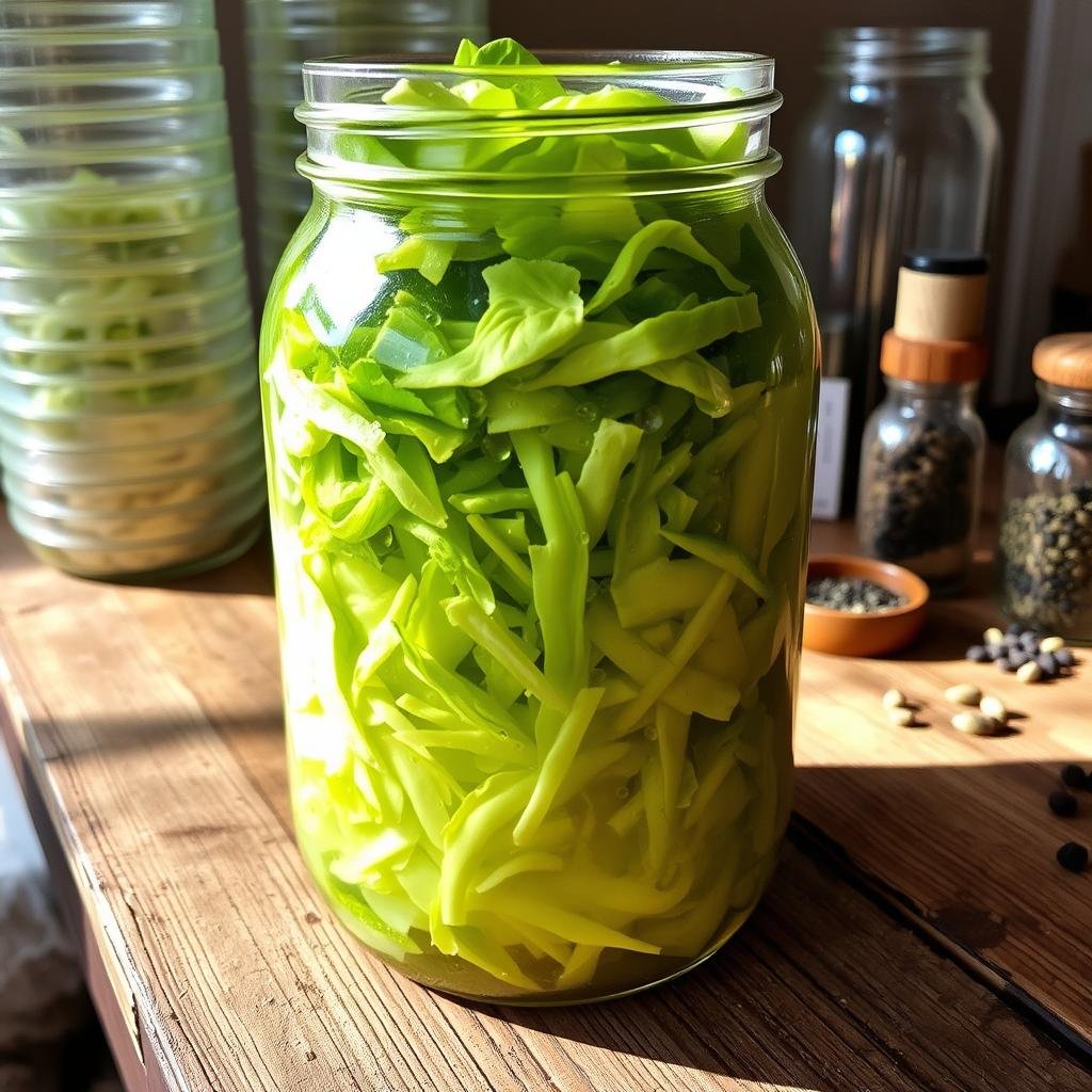 A large glass jar filled with freshly shredded green cabbage, submerged in a clear brine solution, resting on a rustic wooden table. The cabbage leaves are vibrant and glistening, with tiny air bubbles rising to the surface, indicating the active fermentation process. Soft, natural lighting illuminates the scene, casting a warm, earthy glow. In the background, a stack of clean mason jars and a selection of pickling spices, such as caraway seeds and peppercorns, are visible, suggesting a well-equipped home fermentation setup. The overall atmosphere is one of calm, patience, and the quiet transformation of humble ingredients into a flavorful, probiotic-rich delicacy.