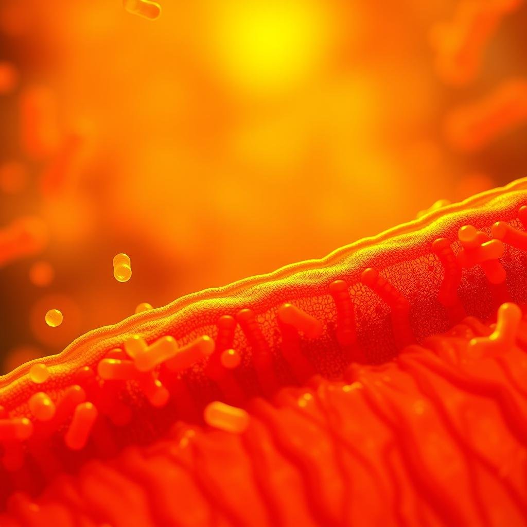 A microscopic view of probiotic bacteria in action, vibrantly illuminated by warm, golden lighting. In the foreground, lively strains of lactobacillus and bifidobacterium bustling along the digestive tract, working to maintain a healthy gut microbiome. The middle ground features a detailed cross-section of the intestinal lining, showcasing the intricate relationship between the probiotics and the intestinal cells. In the background, a soft, hazy glow emanates, creating a sense of vitality and natural harmony. Captured with a high-resolution lens, this image conveys the dynamic, restorative power of probiotics for improved digestive wellness.