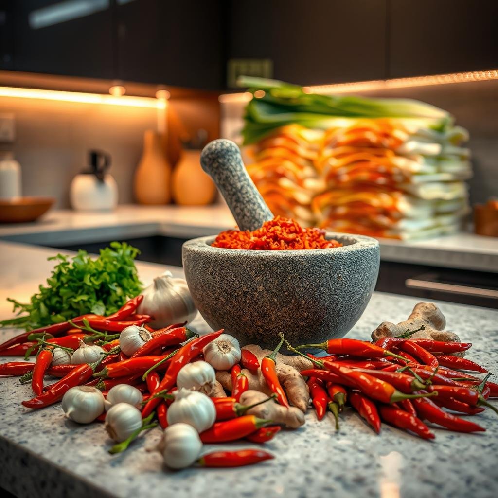 A modern kitchen counter, dimly lit with warm, soft lighting, showcases an array of traditional Korean ingredients. In the foreground, an array of vibrant red chili peppers, garlic cloves, and ginger roots await careful preparation. The middle ground features a large mortar and pestle, its rough stone surface ready to grind the ingredients into a fragrant, spicy paste. In the background, a neatly stacked pile of napa cabbage leaves and green onions hints at the final kimchi assembly. The scene conveys a sense of authentic, homemade tradition, as if captured in the midst of the kimchi-making process.