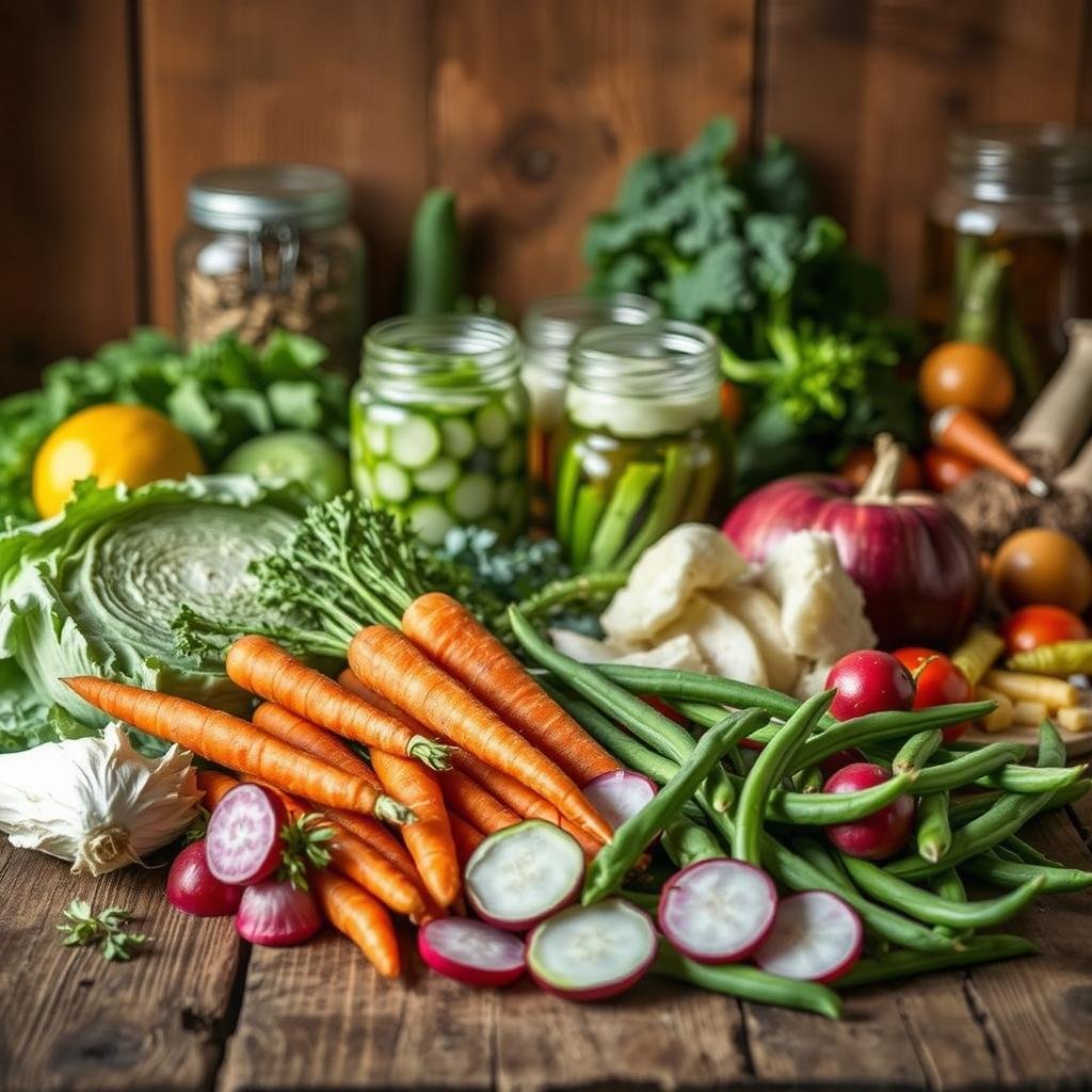 A neatly arranged composition of various vegetables on a rustic wooden table, illuminated by soft, natural lighting from the side. In the foreground, a selection of common fermentation candidates such as cabbage, carrots, radishes, and green beans, their vibrant colors and crisp textures inviting the viewer to imagine their transformation through the fermentation process. The middle ground features a few glass jars filled with bubbling, fermented goodness, while the background subtly showcases additional vegetables, herbs, and spices that could be incorporated into a diverse range of fermented creations. The overall mood is one of simplicity, showcasing the humble, yet versatile ingredients that are the foundation of delicious and nutritious fermented vegetables.