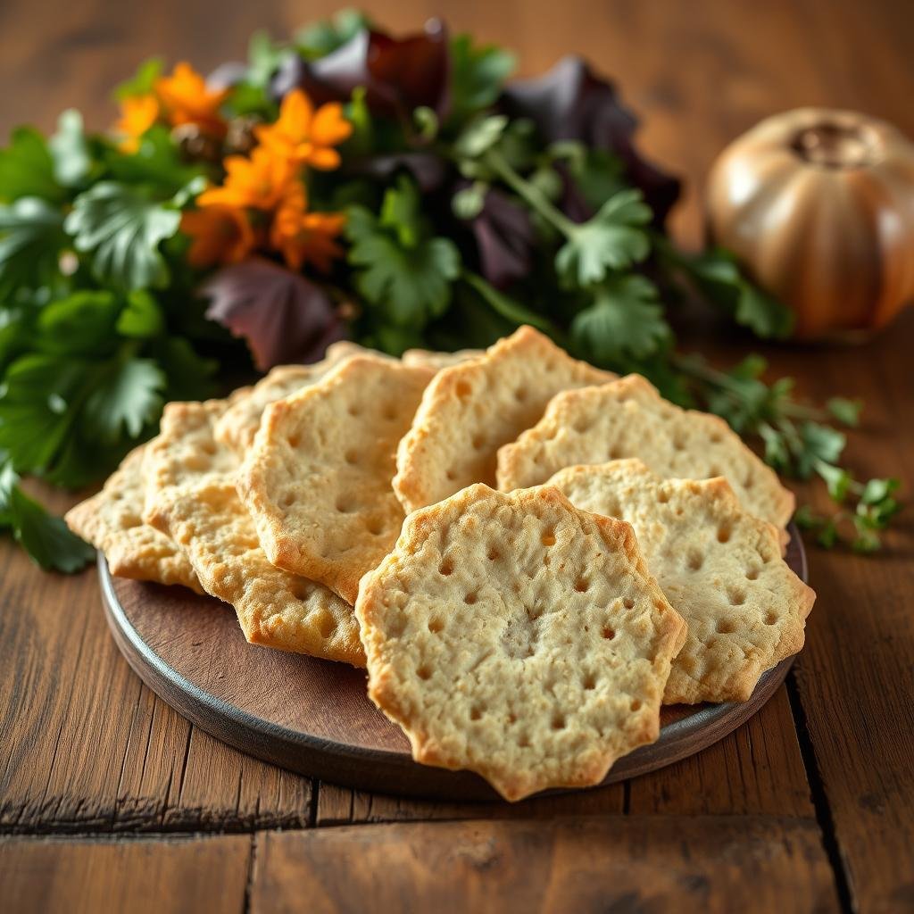 A neatly arranged still life of freshly baked sourdough discard crackers on a rustic wooden table, illuminated by warm, natural lighting. The crackers have a delicate, flaky texture and a golden-brown color, inviting the viewer to imagine their satisfying crunch and tangy flavor. In the background, a selection of vibrant, leafy greens and herbs, hinting at the healthful properties of these digestive-aiding snacks. The composition is balanced and aesthetically pleasing, capturing the essence of how these simple yet nutritious crackers can support a healthy gut.