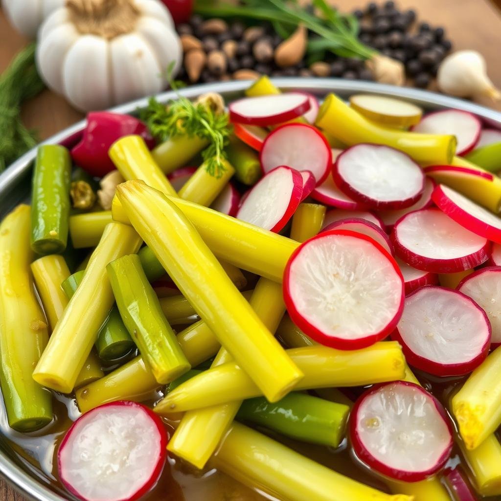 A platter of homemade pickles, freshly preserved in a tangy brine, glistens under soft, natural lighting. Crisp cucumber spears, vibrant green cabbage leaves, and ruby-red radish slices are arranged in an inviting display, their textures and colors highlighting the probiotic-rich nature of this fermented feast. In the background, a blurred array of other gut-healthy ingredients, such as garlic, dill, and peppercorns, creates a sense of depth and complexity. The overall composition conveys a feeling of rustic, artisanal abundance, inviting the viewer to savor the crunchy, tangy probiotics that nourish a strong gut and immune system.