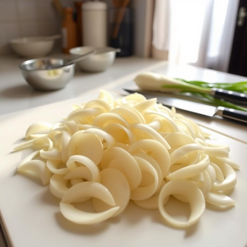 A pristine kitchen counter with a cutting board, a sharp knife, and a pile of freshly harvested Korean radish. The radish is sliced into thin, even pieces, revealing their crisp, ivory flesh. The lighting is soft and natural, casting a warm, inviting glow on the scene. In the background, a few simple tools like a mixing bowl and spoon hint at the preparation process. The overall atmosphere is one of calm, deliberate, and meticulous care, setting the stage for the step-by-step guide to crafting the perfect white kimchi.