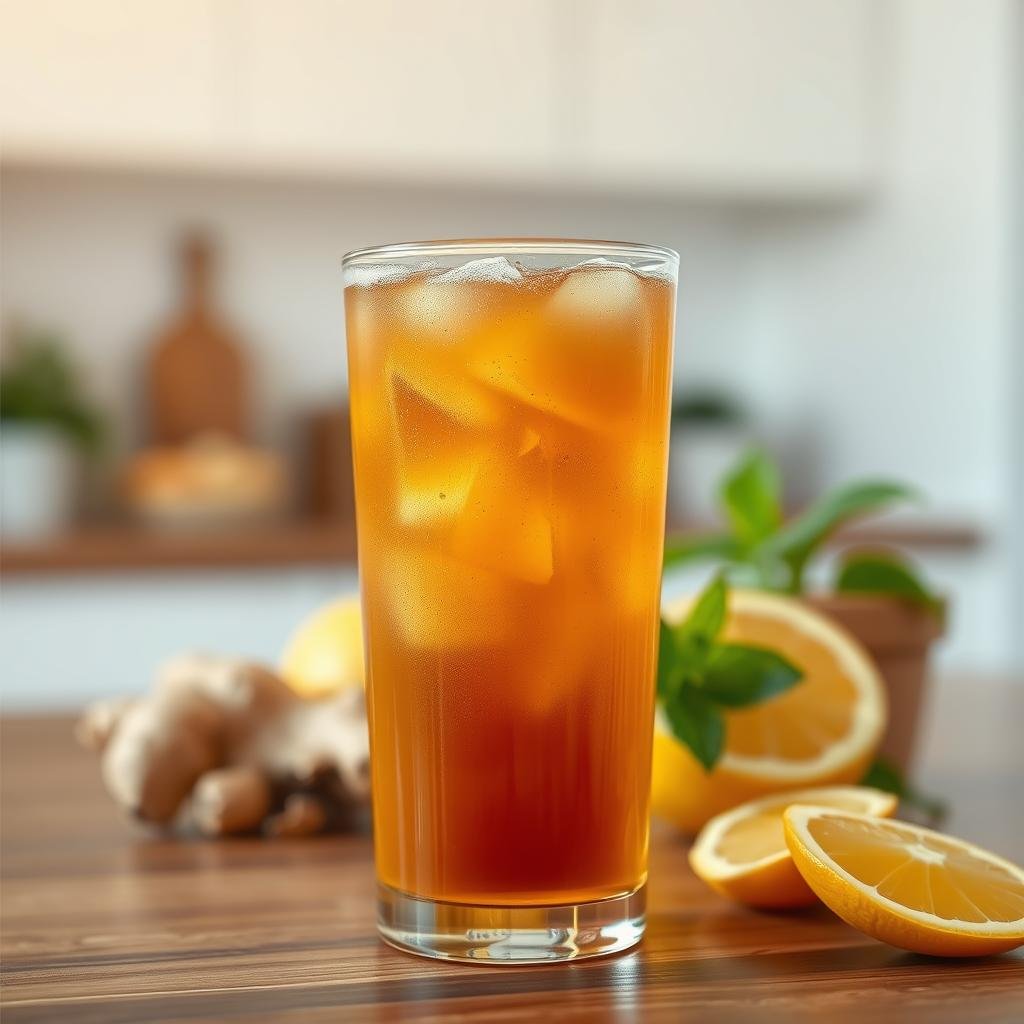 A refreshing, fizzy glass of kombucha with vibrant SCOBY (symbiotic culture of bacteria and yeast) floating in the foreground. Backlit by warm, natural lighting, casting a soft glow on the amber-colored liquid. In the middle ground, an assortment of whole, fresh ingredients like ginger, lemon, and mint leaves, symbolizing the probiotic-rich contents. The background features a serene, minimalist kitchen counter or tabletop, emphasizing the healthy, homemade nature of this immune-boosting beverage. Crisp, high-resolution details throughout, capturing the effervescent and nourishing essence of kombucha.