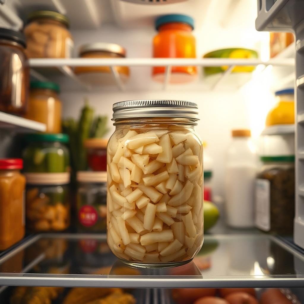 A refrigerator interior with a glass jar filled with sauerkraut in the center foreground. The jar has a metal lid and is partly obscured by various other food items like jars, bottles, and vegetables on the shelves. The lighting is soft and natural, creating a warm, inviting atmosphere. The camera is positioned at a slight angle, capturing the depth and organization of the fridge. The overall scene conveys a sense of freshness and preservation, hinting at the longevity of the sauerkraut stored within.