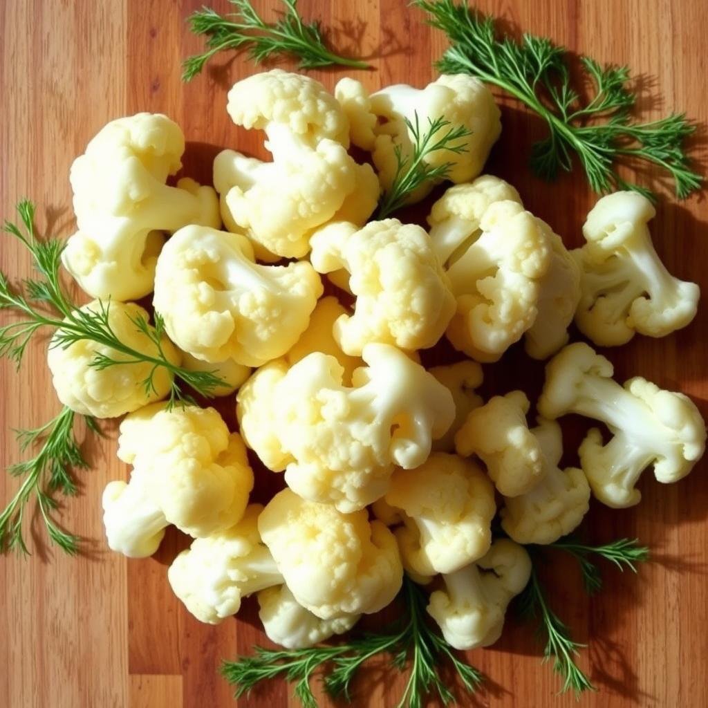 A rustic, appetizing arrangement of fermented cauliflower florets, artfully arranged on a wooden cutting board. The cauliflower is a vibrant off-white, with a slight translucent sheen, indicating a perfect state of fermentation. Surrounding the cauliflower are fresh sprigs of dill, their green hues providing a delightful contrast. The lighting is soft and natural, casting gentle shadows that accentuate the textures. The overall composition exudes an inviting, homemade atmosphere, perfectly capturing the essence of "How to Enjoy Your Fermented Cauliflower".