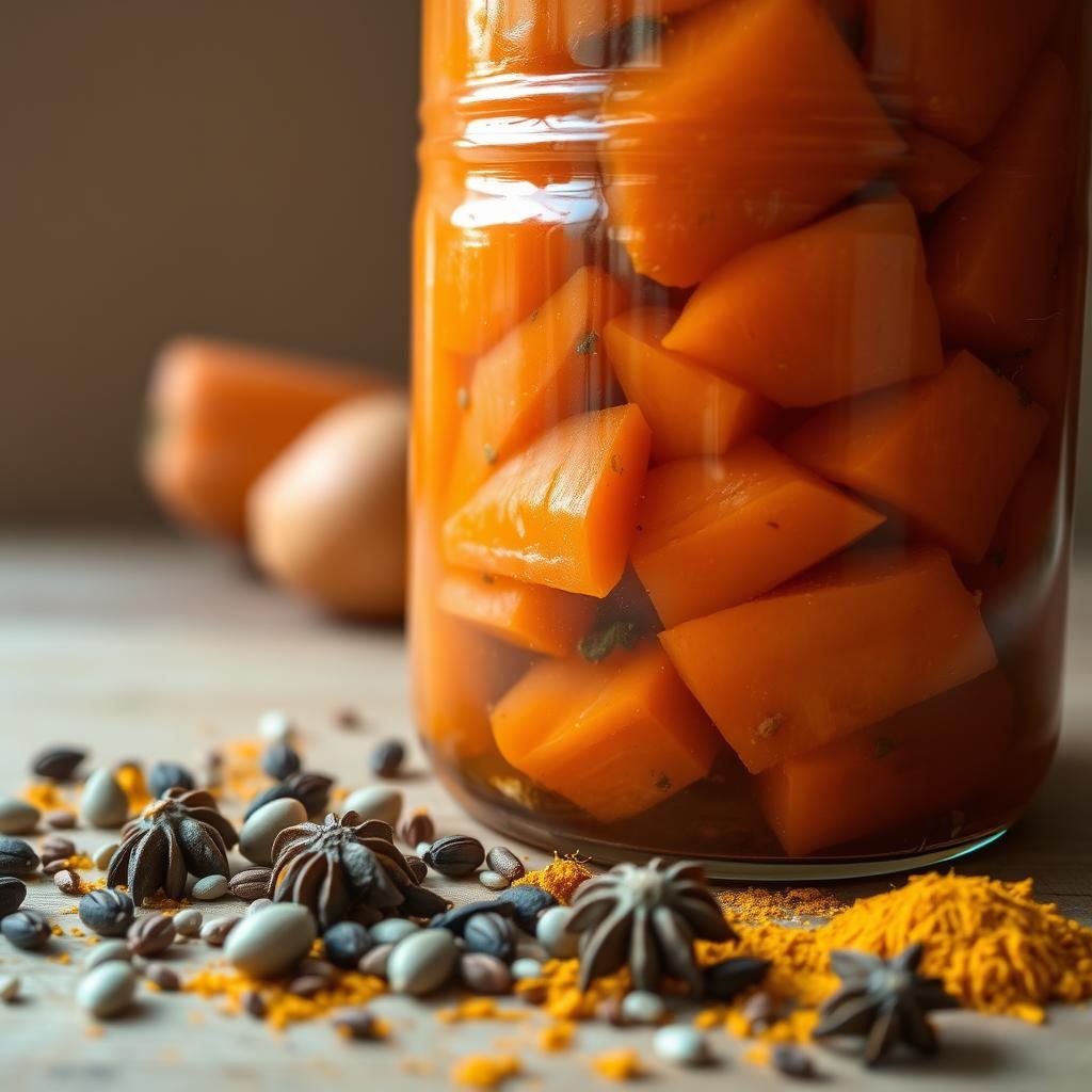 A rustic glass jar filled with vibrant orange fermented carrots, dotted with an array of aromatic spices. In the foreground, whole coriander seeds, fragrant cloves, and a sprinkle of earthy turmeric contrast against the soft, fermented texture of the carrots. The middle ground showcases the glossy sheen of the brine, while the background fades into a warm, muted tone, suggesting a cozy, homemade setting. Soft, natural lighting casts subtle shadows, highlighting the depth and texture of the contents. The overall scene evokes a sense of nourishment, tradition, and the flavorful possibilities of fermented vegetables.