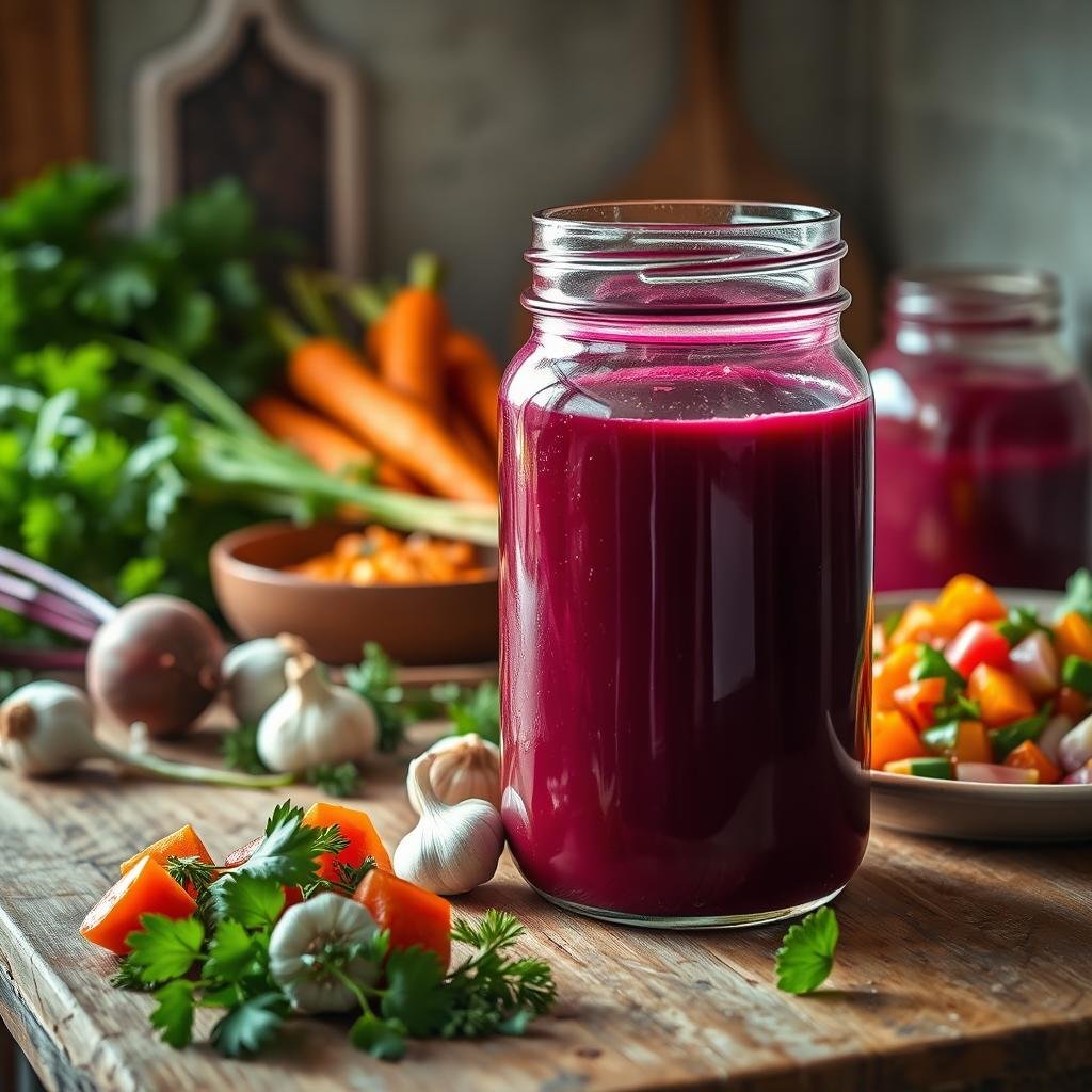 A rustic kitchen counter with an array of culinary ingredients arranged artfully. In the foreground, a glass jar filled with a deep purple-red liquid - beet kvass, its earthy aroma wafting through the air. Surrounding it, an assortment of fresh produce and herbs: beets, carrots, parsley, dill, and garlic. The middle ground showcases a few beet kvass-based dishes, such as a hearty borscht and a refreshing summer salad, their vibrant colors and textures enticing the viewer. Warm, diffused lighting casts a soft glow, highlighting the natural beauty of the ingredients and conveying a sense of wholesome, homemade culinary delights. The overall mood is one of simple, nourishing pleasures, inviting the viewer to explore the versatile culinary applications of this probiotic-rich beverage.