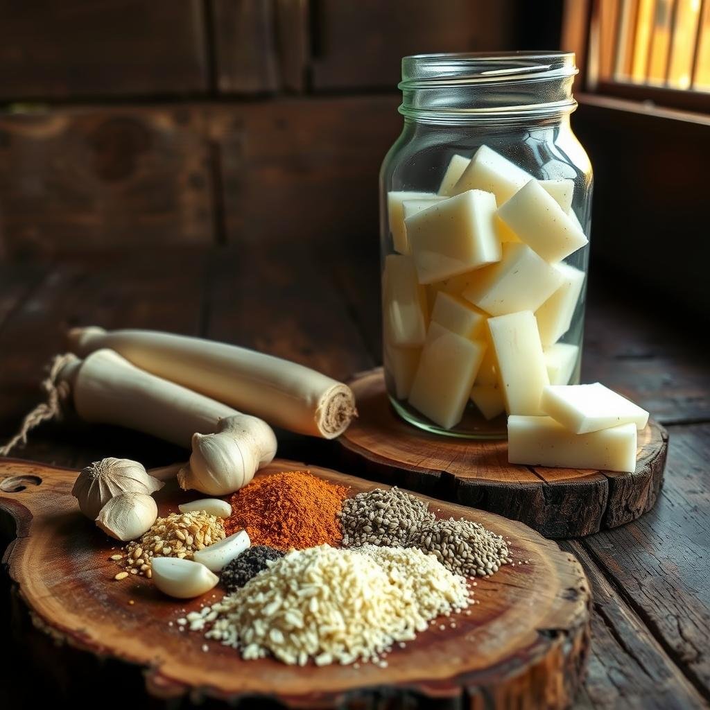 A rustic still life arrangement capturing the essential seasonings for a fermented daikon recipe. In the foreground, an assortment of whole and ground spices - ginger, garlic, coriander, and mustard seeds - arranged on a rough-hewn wooden board. In the middle ground, a glass jar filled with cubed daikon radish, its milky white flesh contrasting with the dark, earthy hues of the surrounding seasonings. The background features a weathered wooden table, with natural lighting casting a warm, golden glow over the scene, evoking the comforting atmosphere of a homemade fermentation project. The overall composition highlights the key ingredients needed for this probiotic-rich dish, inviting the viewer to imagine the flavorful and nourishing result.