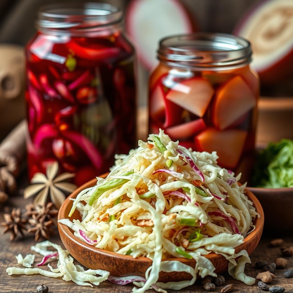 A rustic still-life scene featuring an assortment of fermented vegetables. In the foreground, a wooden bowl overflows with vibrant sauerkraut, its shredded cabbage leaves tinged with shades of white, green, and pink. Beside it, a glass jar showcases the deep ruby hues of pickled kimchi, its jagged slices of Napa cabbage and daikon radish complemented by the warm glow of overhead lighting. In the middle ground, a scattering of whole spices - coriander, mustard seeds, and peppercorns - add depth and texture. The background is softly blurred, hinting at a cozy, earthy kitchen setting. The overall mood is one of rustic abundance, celebrating the probiotic richness of these fermented delights.