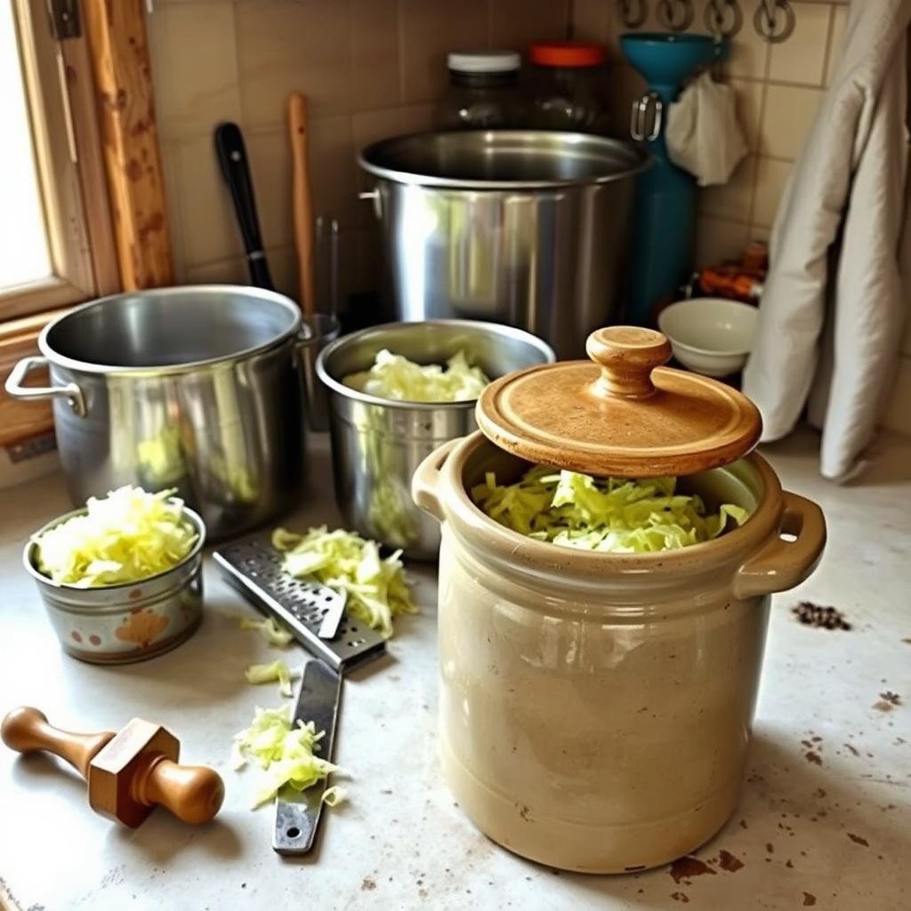 A rustic, well-lit kitchen counter displays an array of sauerkraut-making equipment. In the foreground, a large ceramic crock with a weighted lid stands prominently, its interior filled with shredded cabbage in the early stages of fermentation. Alongside it, a wooden tamper and a sharp knife for shredding the cabbage. In the middle ground, a large stainless steel mixing bowl, a grater, and a pair of sturdy gloves for handling the cabbage. In the background, a selection of jars, a funnel, and a clean kitchen towel, all essential tools for the sauerkraut-making process. The scene conveys a sense of tradition, functionality, and the craftsmanship required to create this beloved fermented delicacy.