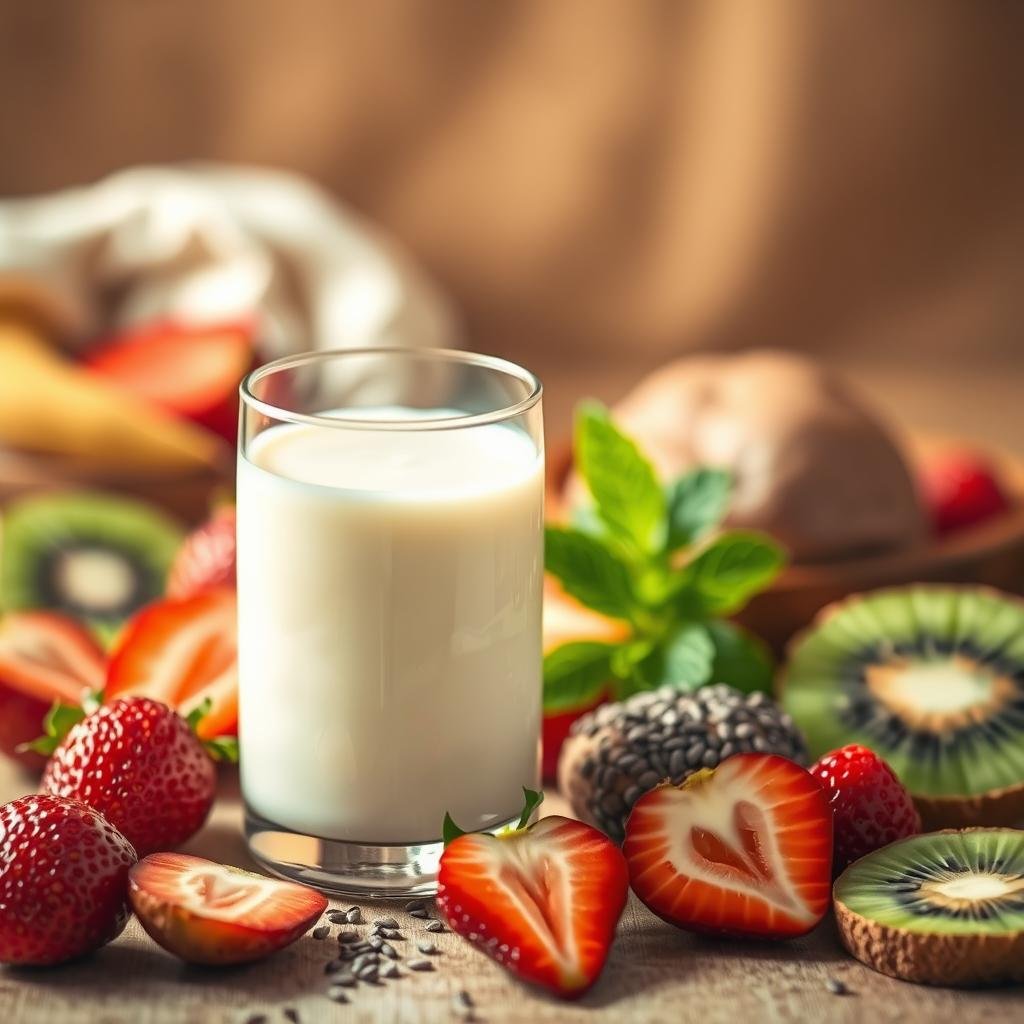 A serene and inviting scene of a glass of acidophilus milk, surrounded by an array of vibrant, gut-nourishing ingredients. In the foreground, the milk glows with a healthy, creamy hue, its surface slightly rippled, hinting at the probiotic cultures within. Scattered around the glass are slices of fresh fruit, such as strawberries and kiwi, their colors popping against the neutral backdrop. In the middle ground, a sprig of mint and a sprinkle of chia seeds add a touch of freshness and crunch. The background is softly blurred, creating a sense of depth and focus on the central elements. The lighting is warm and natural, casting a gentle glow over the scene, conveying a mood of nourishment and vitality.