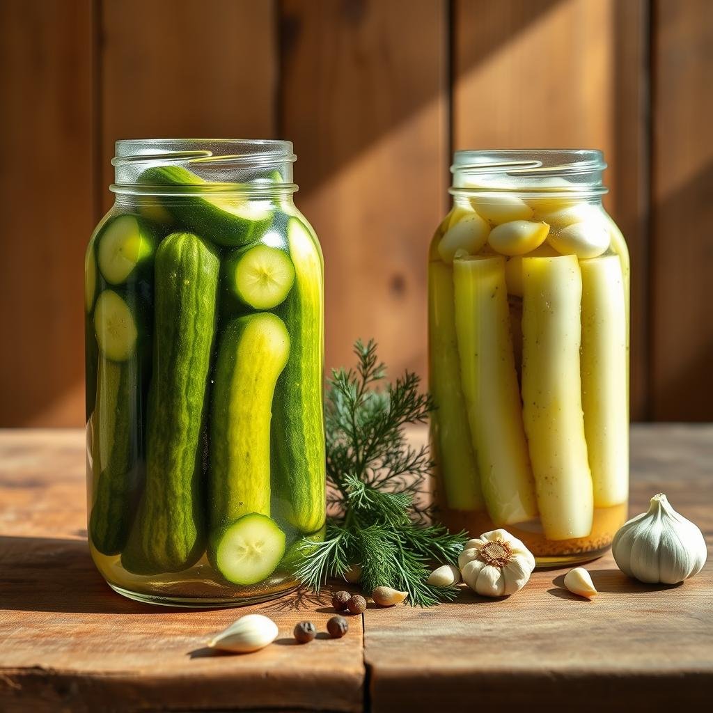 A side-by-side comparison of fermentation and vinegar pickling, captured in a detailed, photorealistic illustration. In the foreground, a glass jar filled with fermenting cucumbers, their vibrant green hues contrasted by the active bubbling of the brine. Beside it, a jar of vinegar-pickled cucumbers, their crisp texture and pale green tones evident. The middle ground features fresh dill sprigs, peppercorns, and garlic cloves, the key ingredients for both preservation methods. The background is a warm, rustic wooden surface, with natural lighting casting a soft, inviting glow across the scene. The overall mood is one of informative juxtaposition, highlighting the distinct visual and textural characteristics of these two pickling techniques.
