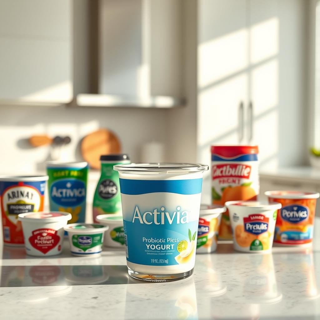 A sleek, modern kitchen counter with an assortment of probiotic yogurt containers neatly arranged. Bright, natural lighting illuminates the scene, casting soft shadows and highlighting the vibrant colors of the yogurt labels. The containers are positioned at various angles, allowing for a comparative analysis of their shapes, sizes, and branding. In the foreground, a central focus on a premium glass container of Activia yogurt, its label prominently displayed. Surrounding it, smaller containers of other leading probiotic yogurt brands, each showcasing their unique packaging and design elements. The overall mood is one of a clean, informative presentation, inviting the viewer to closely examine and compare the different probiotic yogurt options.