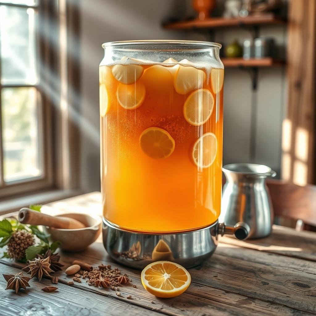 A stainless steel brewing vessel sits atop a rustic wooden table, filled with a bubbly, amber-hued kombucha culture. Beams of natural light stream in through a nearby window, casting a warm, inviting glow over the scene. Delicate SCOBY discs float gently on the surface, their translucent layers visible through the glass. Beside the vessel, an assortment of spices, herbs, and citrus slices await their addition to the fermenting brew. The atmosphere is one of patience and quiet contemplation, as the kombucha slowly transforms into a refreshing, probiotic-rich elixir.