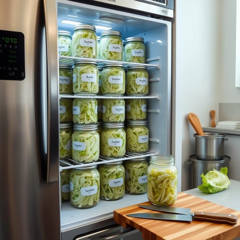 A stainless steel refrigerator sits in a bright, clean kitchen. Inside, neatly stacked jars of sauerkraut fill the shelves, their contents submerged in a clear brine. The jars are labeled with dates, ensuring optimal freshness. A cutting board and knife rest nearby, ready to portion out the fermented cabbage. Soft, diffused lighting illuminates the scene, highlighting the vivid colors and textures of the sauerkraut. The overall atmosphere conveys a sense of order, organization, and careful attention to food storage best practices.