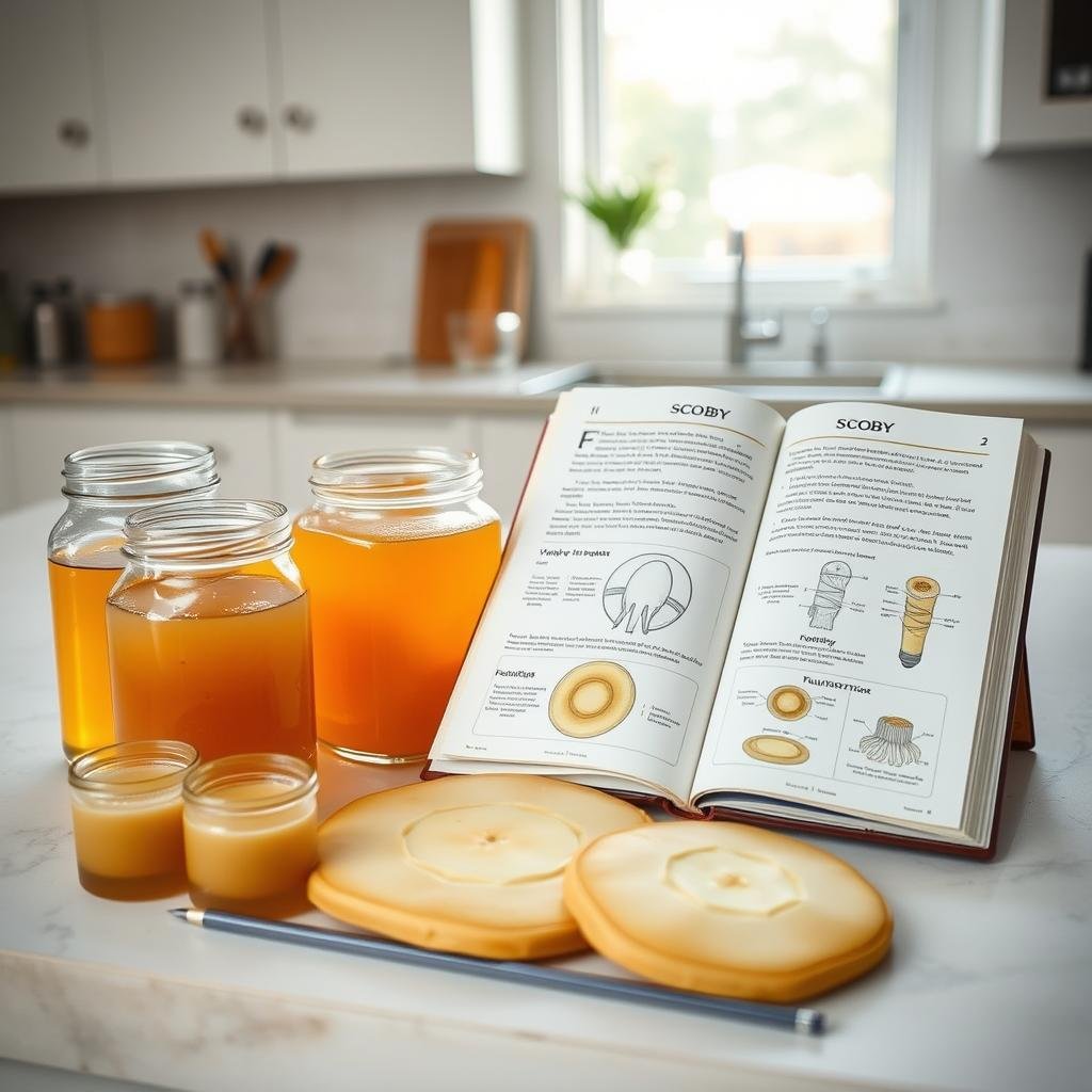 A step-by-step guide to creating a SCOBY, the starter culture for homemade kombucha. In the foreground, a stack of glass jars filled with a golden-brown liquid, each stage of the SCOBY growth process visible. In the middle ground, an open book with detailed instructions, accompanied by scientific illustrations of the SCOBY structure and fermentation stages. The background features a clean, minimalist kitchen counter, with natural light filtering in through a window, creating a warm, inviting atmosphere. The overall scene conveys a sense of clarity, precision, and the joyful process of cultivating this versatile fermented tea starter at home.