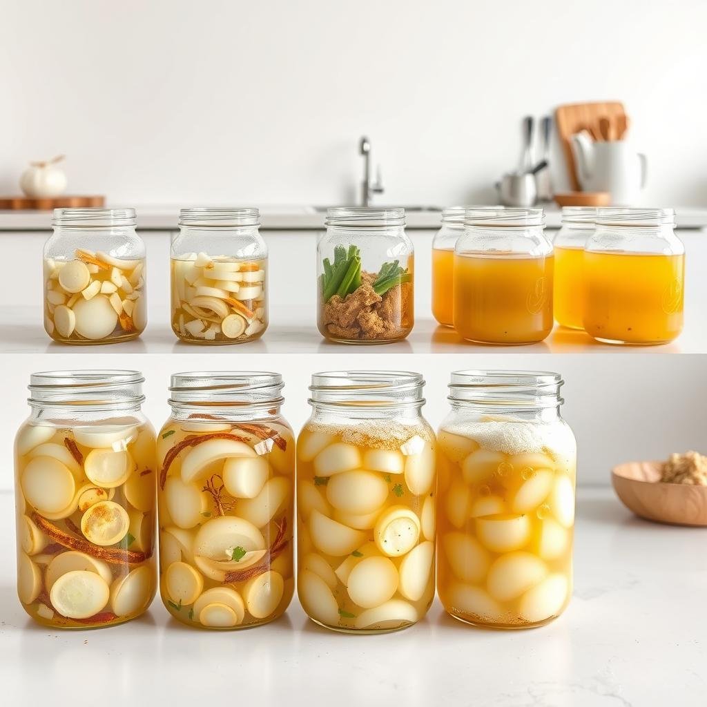 A step-by-step instructional image depicting the fermentation process of onions, set against a clean white background. In the foreground, a sequence of clear glass jars filled with sliced onions, ginger, and spices, arranged in a neat grid. The middle ground showcases the gradual transformation, with bubbles rising and the contents taking on a vibrant golden hue. In the background, a minimal, well-lit kitchen countertop setting, with a few simple kitchen utensils and tools nearby. The lighting is soft and natural, highlighting the textures and colors of the fermentation process. The overall atmosphere is one of simplicity, order, and scientific observation, inviting the viewer to closely follow the transformative journey of the onions.