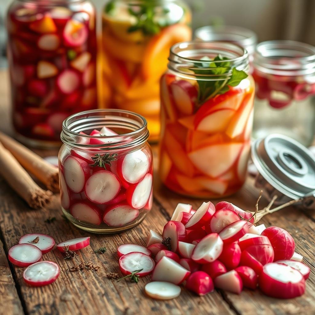 A step-by-step process of radish fermentation on a rustic wooden table. In the foreground, freshly chopped radishes are placed in a glass jar, surrounded by aromatic spices and herbs. In the middle ground, hands are shown carefully packing the jar, ensuring an anaerobic environment. In the background, jars of previously fermented radishes stand, their vibrant colors and bubbling brine visible through the glass. Warm, natural lighting casts a soft glow, emphasizing the textural details of the process. The scene conveys a sense of traditional craft, patience, and the transformative power of fermentation.