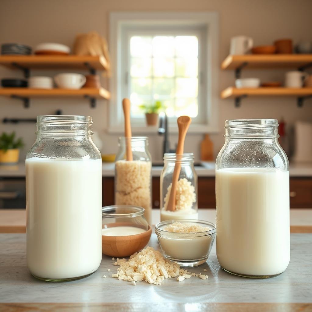 A step-by-step visual guide on making kefir at home. In the foreground, glass jars filled with milk and kefir grains, displaying the fermentation process. In the middle ground, a wooden spoon stirring the mixture, hands demonstrating the technique. In the background, a clean kitchen counter, natural lighting cascading through a window, creating a warm, informative atmosphere. The scene is shot from an overhead angle, providing a clear, instructional view of the kefir-making process. The overall image conveys a sense of simplicity, cleanliness, and the straightforward nature of crafting this probiotic-rich dairy product at home.