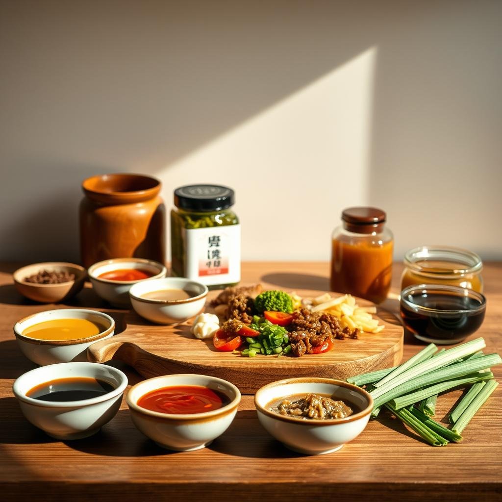 A still life arrangement showcasing an assortment of traditional Japanese miso pastes. In the foreground, several small ceramic bowls containing different varieties of miso - from light yellow shiro miso to rich red akamiso, and earthy brown genmai miso. In the middle ground, a wooden cutting board with a selection of miso-based condiments and accompaniments, such as pickled vegetables and freshly chopped scallions. The background features a plain, minimalist backdrop, perhaps a wooden shelf or plain wall, allowing the focus to remain on the vibrant miso samples. Soft, diffused natural lighting casts gentle shadows, highlighting the unique textures and colors of the different miso pastes. An atmospheric, serene composition that captures the essence of traditional Japanese cuisine.