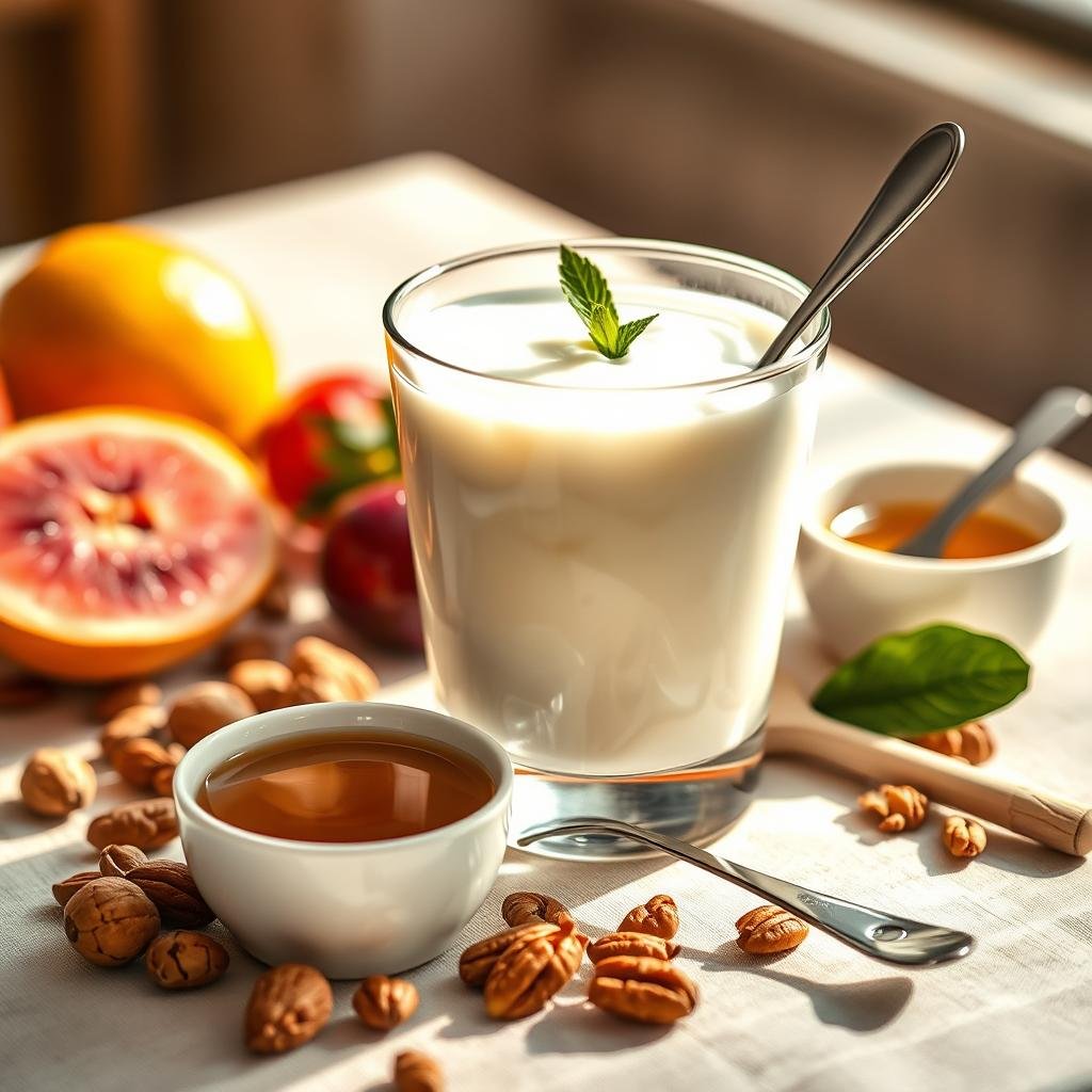 A still life of a table setting featuring a glass of creamy, probiotic-rich yogurt with a spoon resting beside it, surrounded by fresh fruits, nuts, and a small bowl of honey. The scene is bathed in warm, natural lighting, creating a cozy, health-conscious atmosphere. The yogurt is the focal point, its vibrant white color and subtle sheen drawing the eye. The composition is balanced, with the supporting elements complementing the yogurt without overshadowing it. The overall mood is one of wellness, simplicity, and the daily nourishment provided by a serving of gut-friendly yogurt.